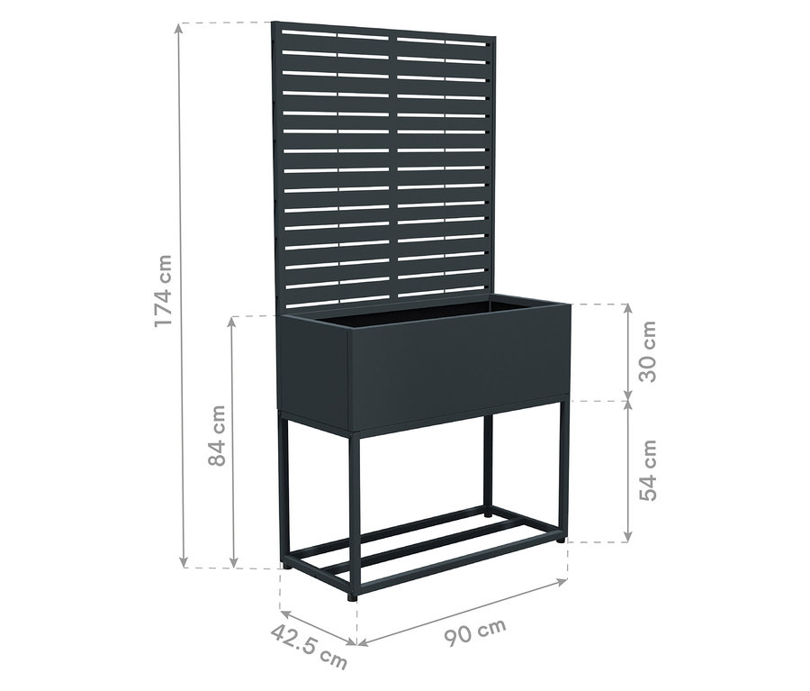 Dunkelgrauer Sichtschutz mit Pflanzkasten, 90 x 174 x 42,5 cm, mit horizontalen Lamellen und Maßen.