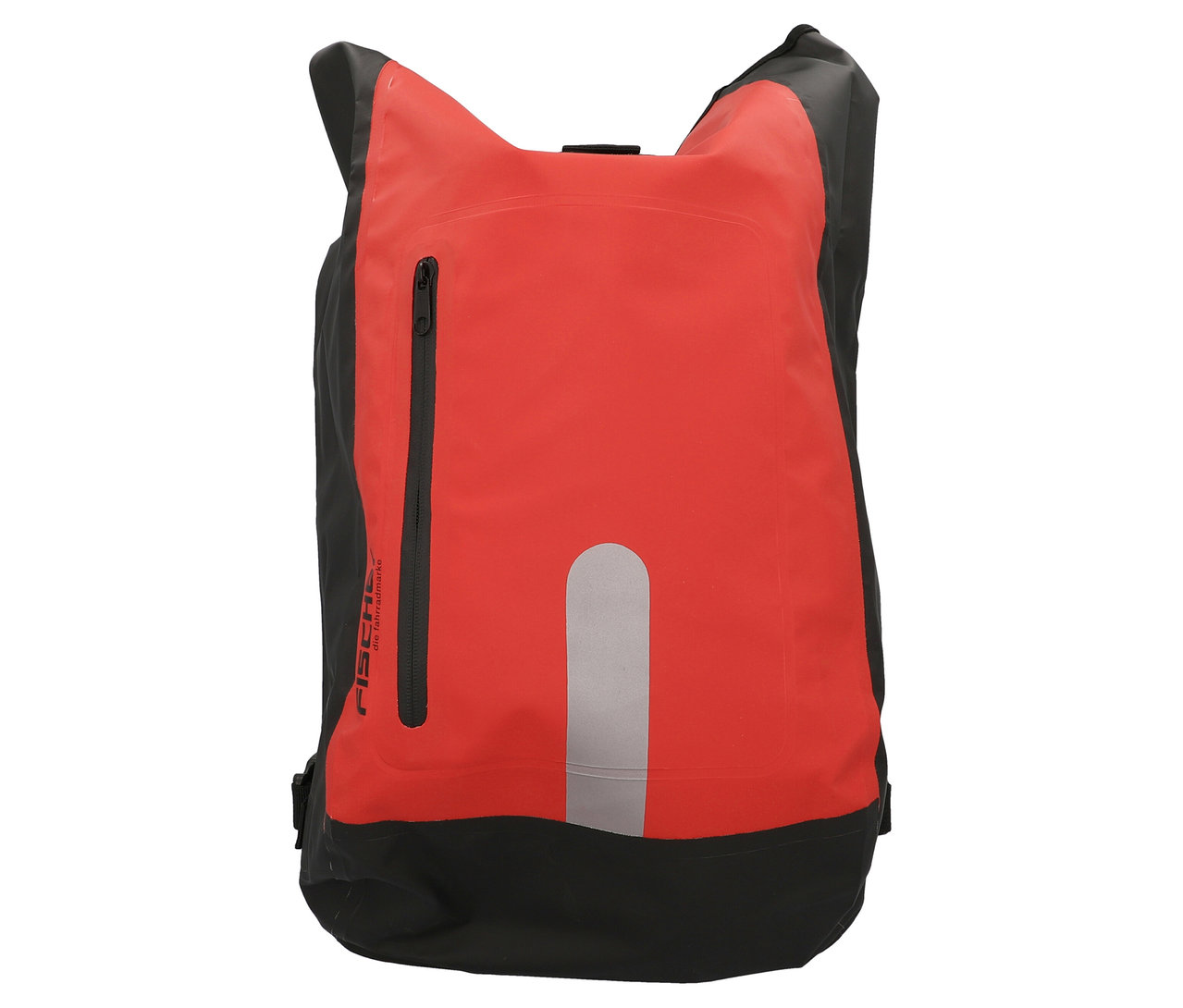 Die FISCHER wasserdichte Gepäckträgertasche ist rot-schwarz und hat einen senkrechten Reißverschluss.