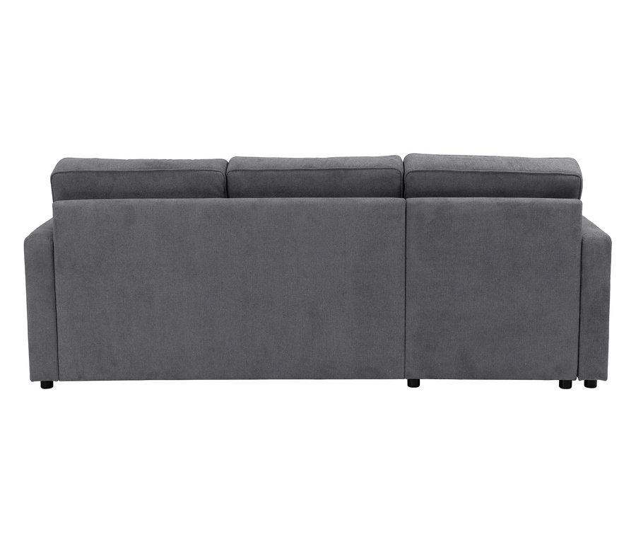 Rückansicht eines grauen Sofas mit drei Sitzen.