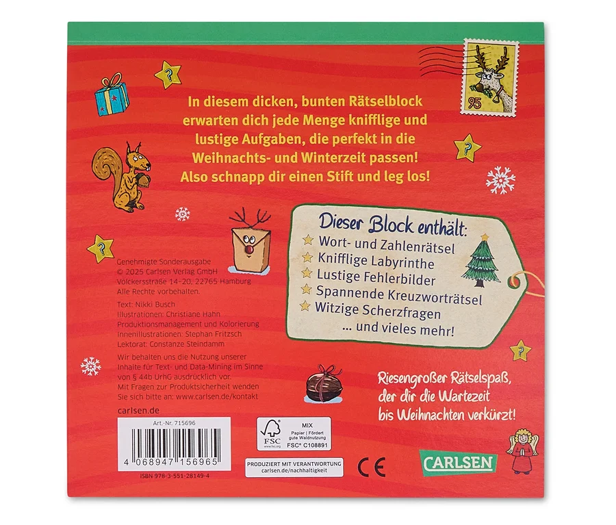 Cover of a colorful riddle book for Christmas time with drawings of a squirrel, a gift and a stamp.