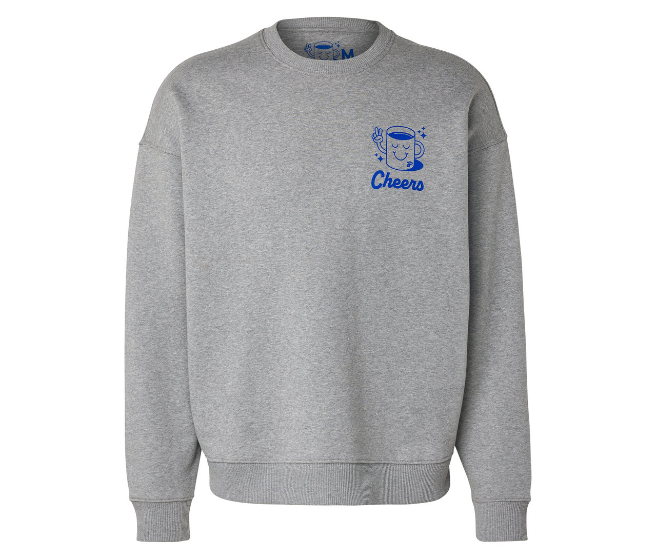 Graues Unisex Coffee Crew Sweatshirt mit blauem Aufdruck einer Kaffeetasse und dem Wort Cheers.