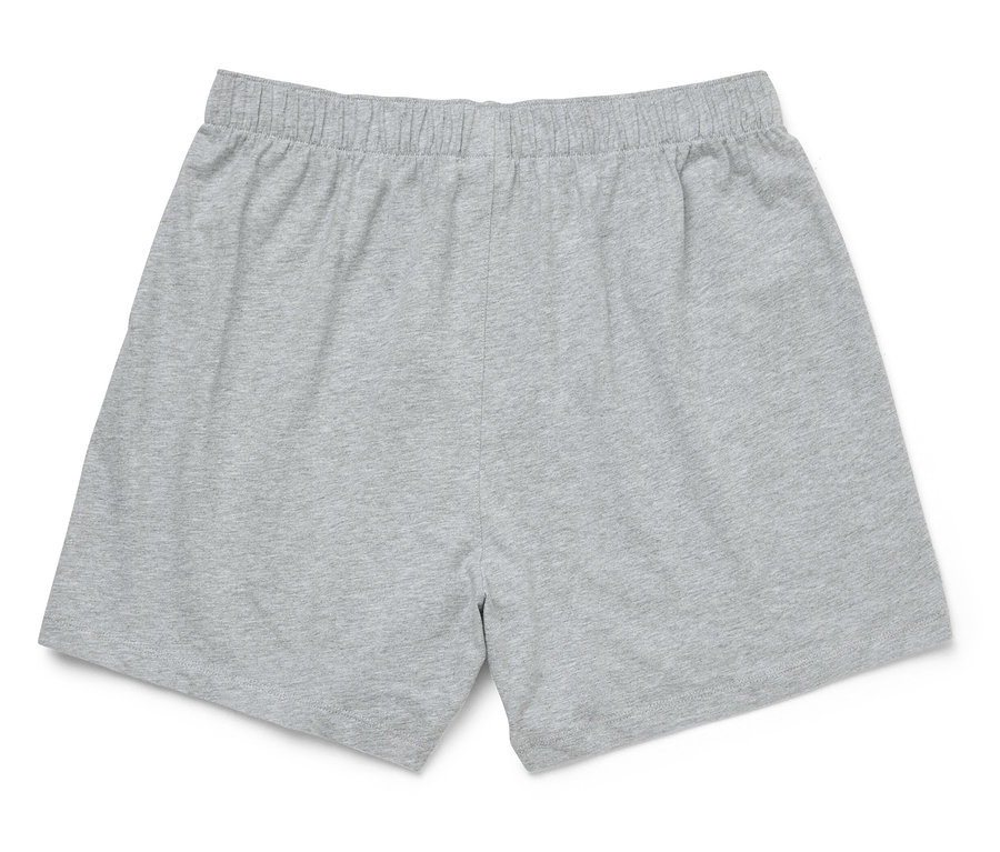 Graue Shorts mit elastischem Bund liegen auf einem weißen Hintergrund.