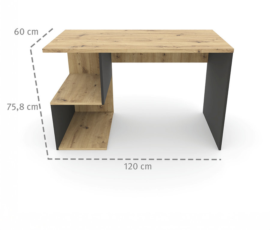 Roba Schreibtisch »Marvin« in Holzoptik mit schwarzen Beinen und Regal, Seitenansicht mit Größenangaben.