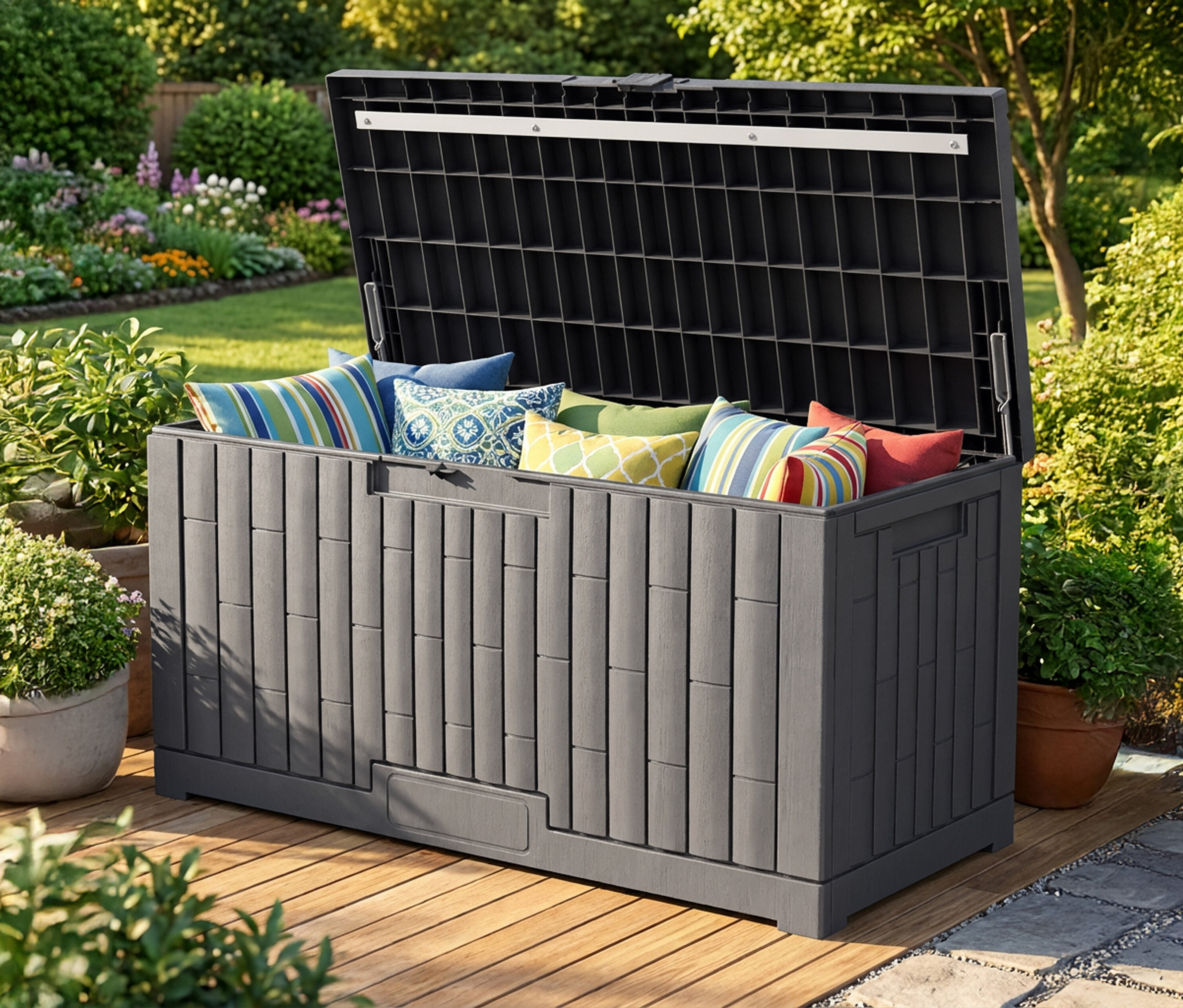Eine offene, graue Kunststoff-Kissenbox (375 l) auf einer hölzernen Terrasse, gefüllt mit bunten Kissen.