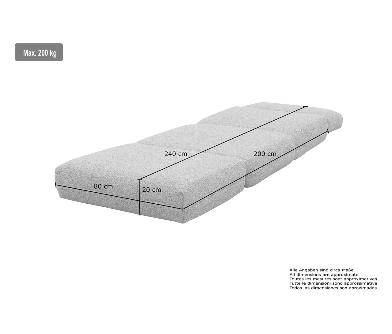 Abgebildet ist eine graue gepolsterte Liege mit den Maßen 80 cm x 240 cm x 200 cm und einer maximalen Belastbarkeit von 200 kg.