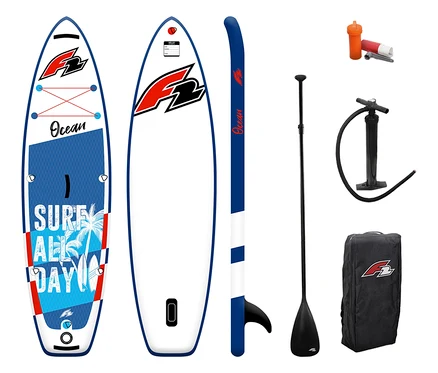 Zubehör für F2 SUP Board »Ocean Boy«: zwei Boards, Paddel, Pumpe, Tasche und Reparaturset.