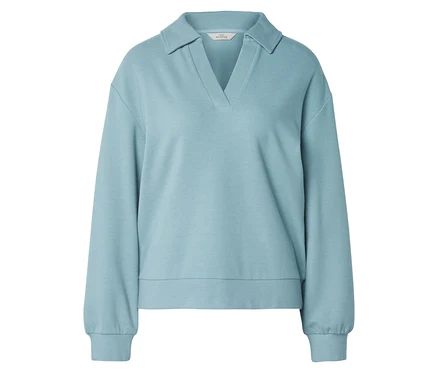 Hellblaues Sweatshirt mit Kragen und V-Ausschnitt, langen Ärmeln und gerippten Bündchen.