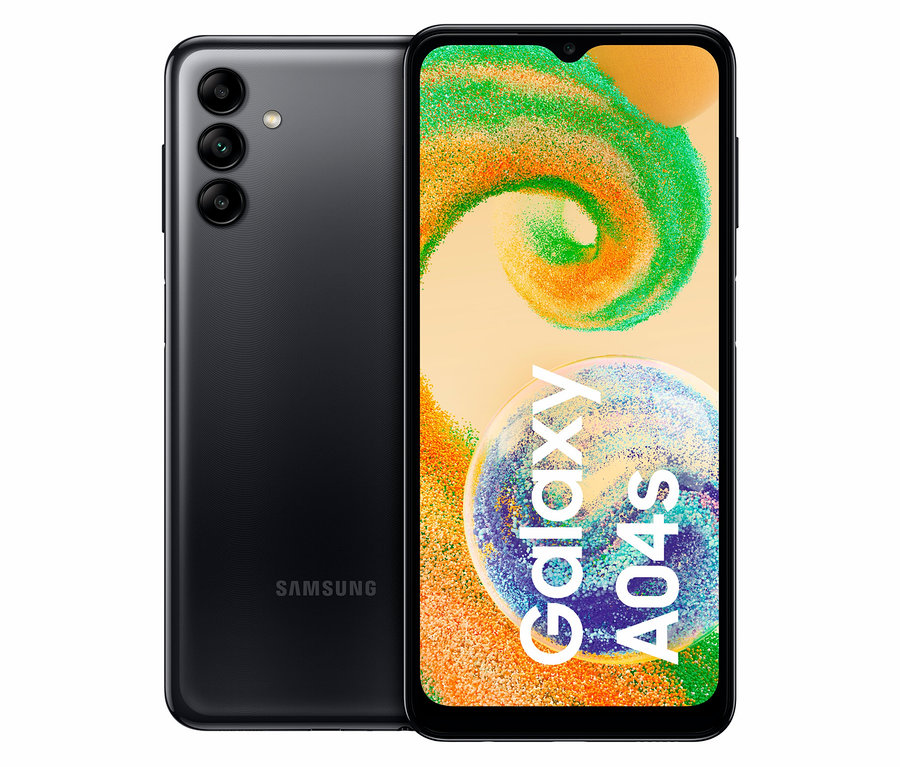 Das schwarze Samsung Galaxy A04s 32GB (Refurbished) ist von vorne und von hinten zu sehen.