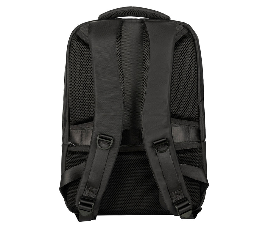Rückansicht eines schwarzen Rucksacks mit gepolsterten Trägern und Rückenpanel.