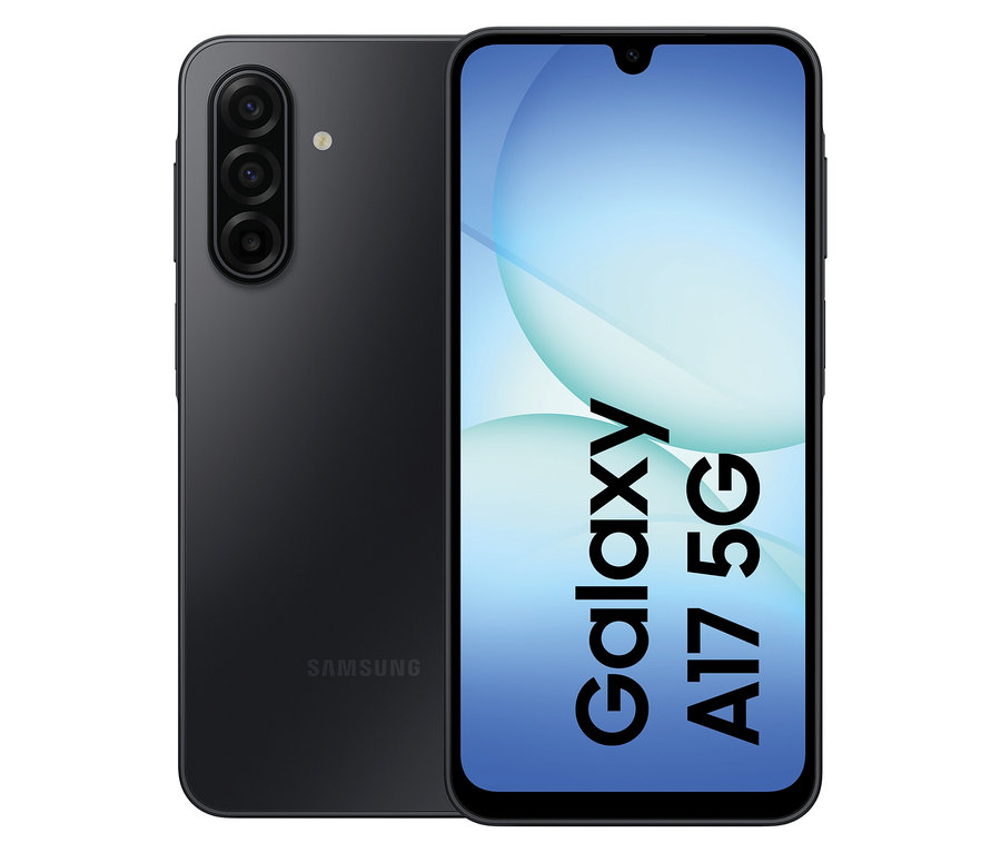 Schwarzes Samsung Galaxy A17 5G 128 GB, Vorder- und Rückseite sind sichtbar.