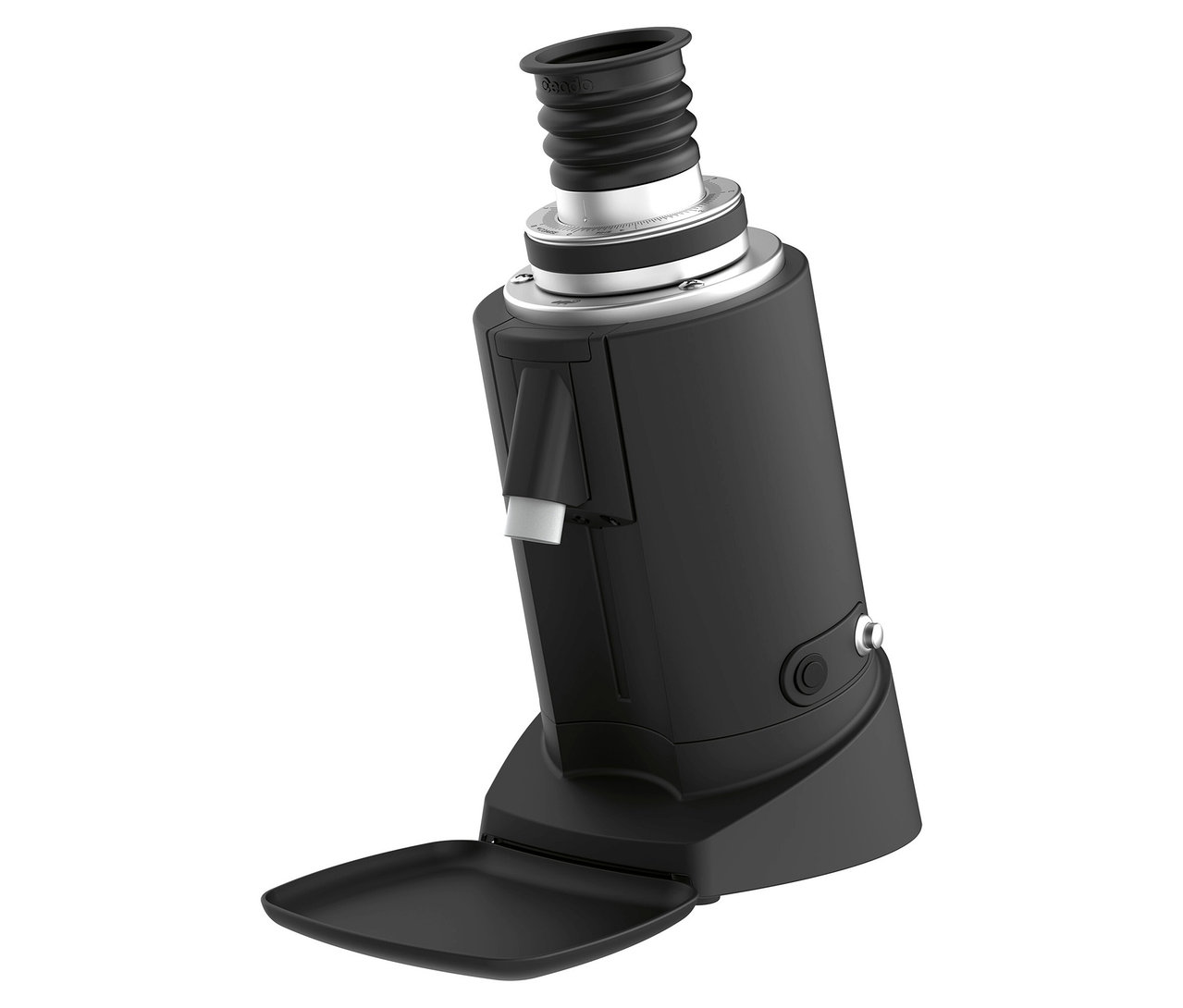 Schwarze Kaffeemühle mit offenem Auffangbehälter.