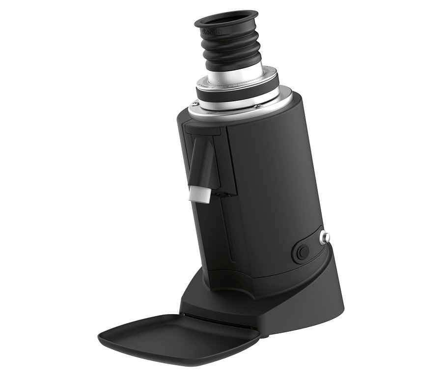 Schwarze Kaffeemühle mit offenem Auffangbehälter.