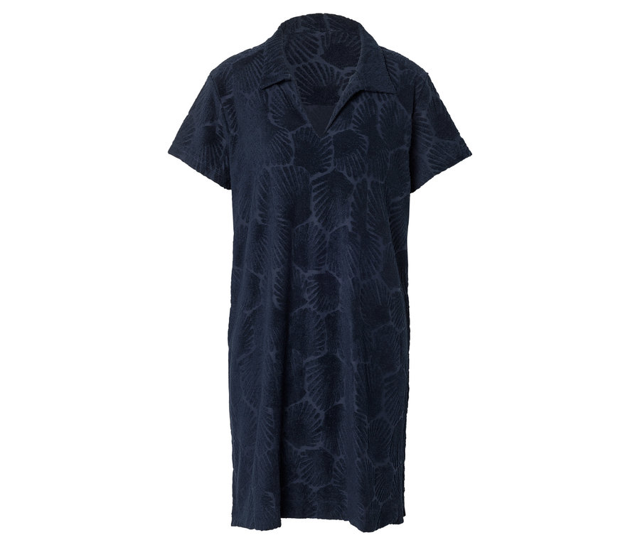 Dunkelblaues Frottee-Strandkleid mit kurzen Ärmeln, Kragen und V-Ausschnitt, verziert mit einem dezenten Muschelmuster.