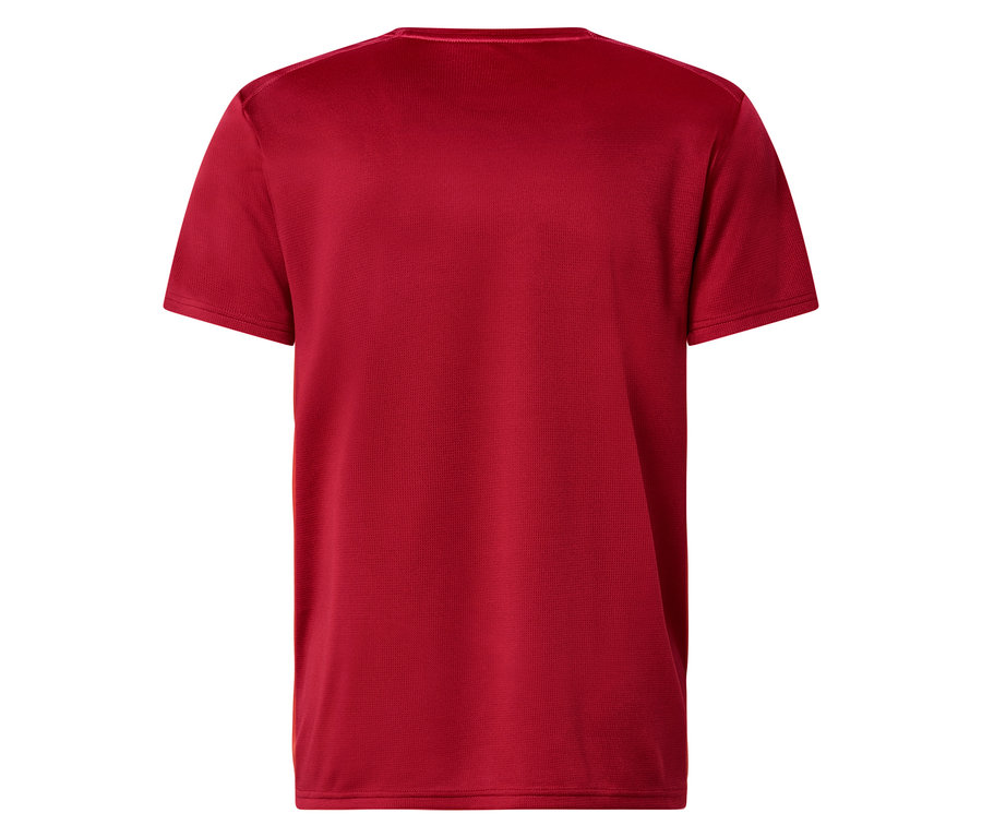 Rückansicht eines roten T-Shirts mit kurzen Ärmeln.