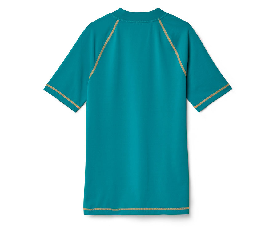 Türkisfarbenes kurzärmeliges Oberteil mit ockerfarbenen Ziernähten.