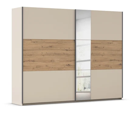 Beiger Schiebetürenschrank mit Holzstruktur in der Mitte und Spiegelstreifen.
