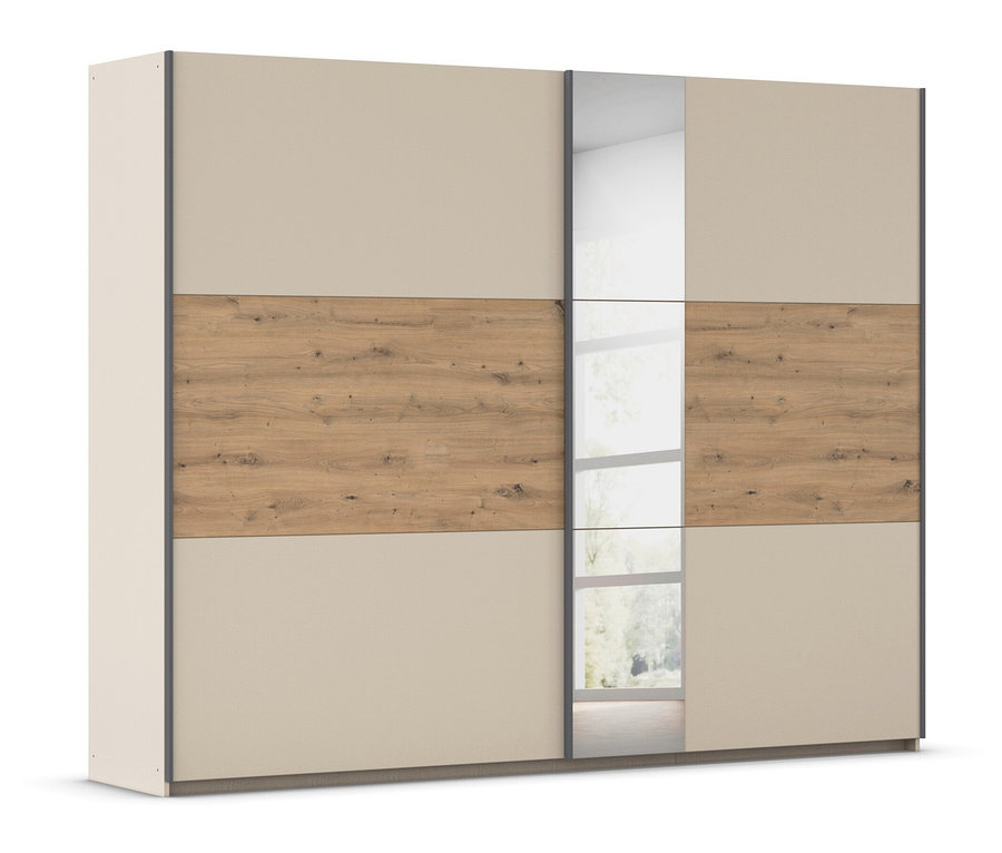 Beiger Schiebetürenschrank mit Holzstruktur in der Mitte und Spiegelstreifen.