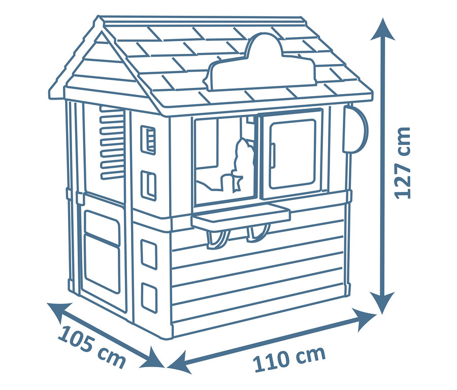 Draufsicht eines Spielhauses mit den Maßen 127 cm Höhe, 105 cm Breite und 110 cm Tiefe.
