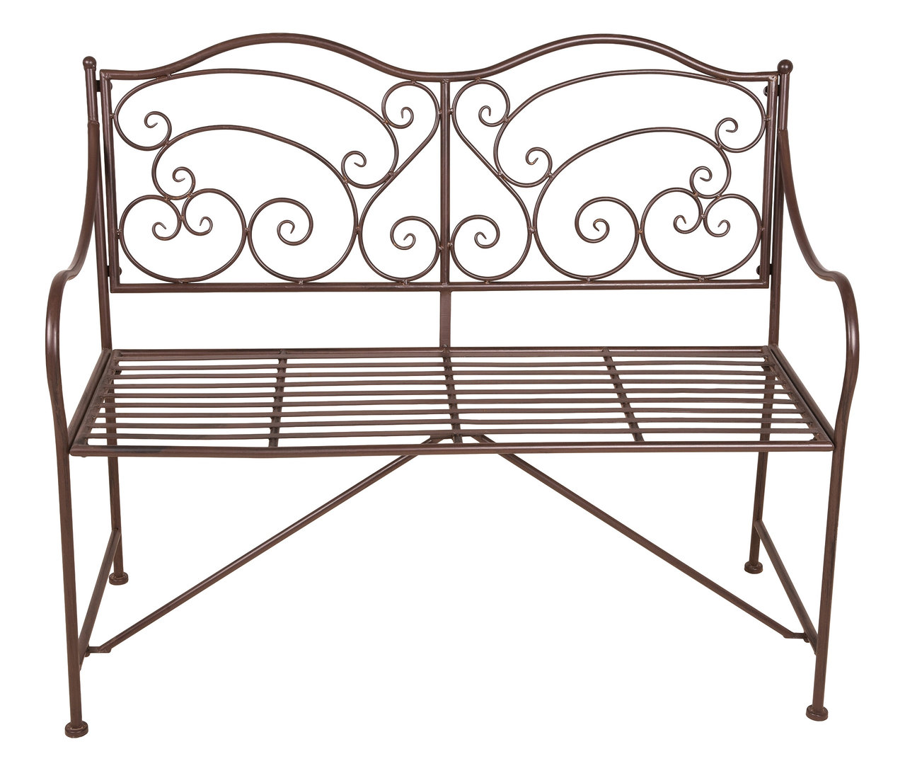 Eine braune Metallbank mit geschwungenem Rückenteil und Lattenrostsitz steht vor einem weißen Hintergrund.