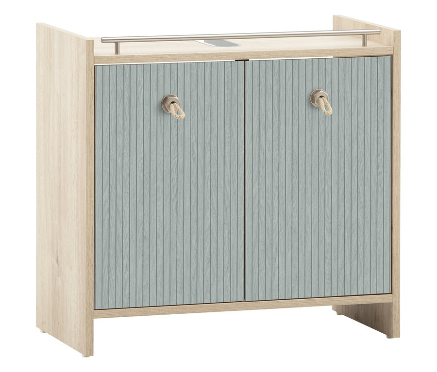 Ein beiger Schrank mit zwei blaugrauen Türen und Seilgriffen steht vor einem weißen Hintergrund.