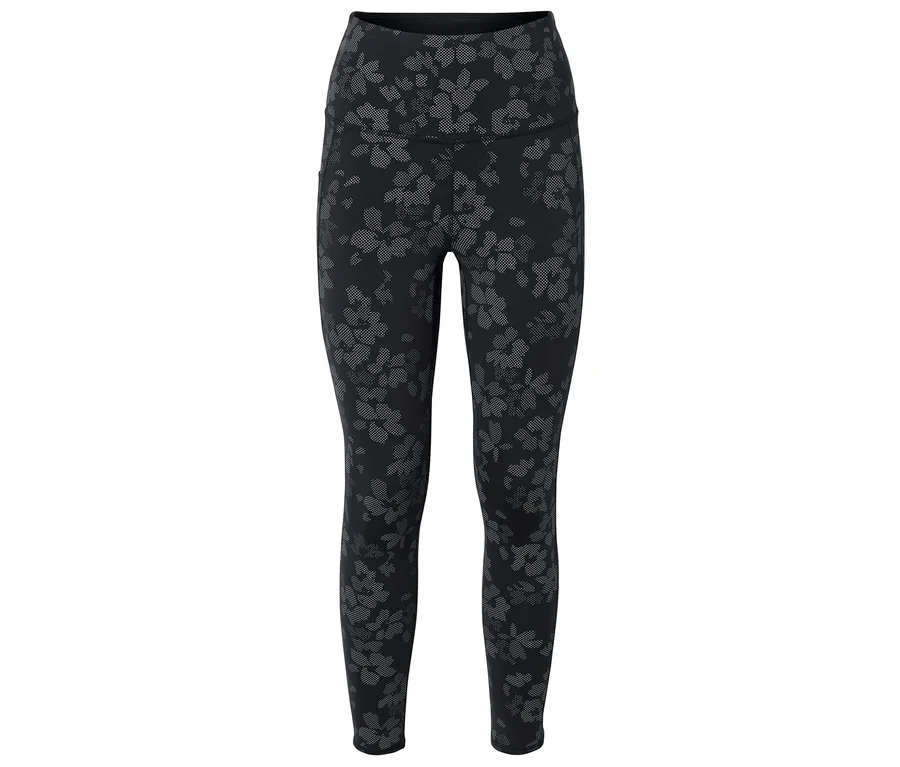Schwarze Leggings mit hohem Bund und grauem Blumenmuster.