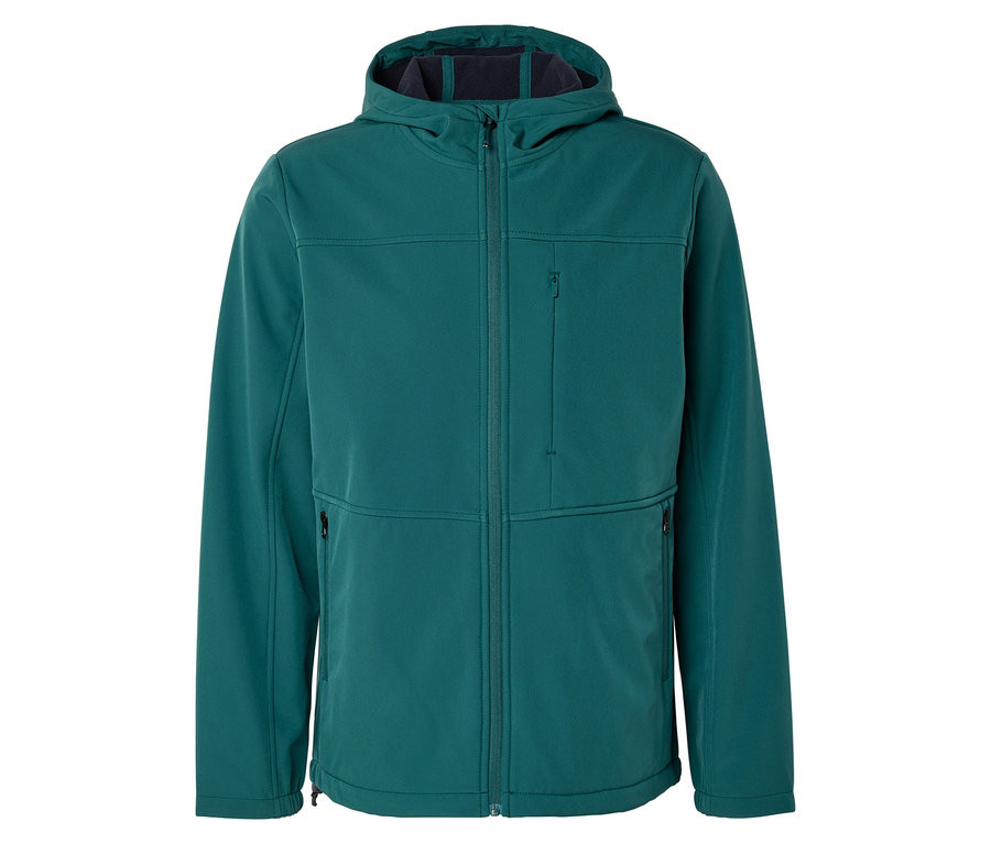 Dunkelgrüne Softshell-Kapuzenjacke mit durchgehendem Reißverschluss, einer Brusttasche und zwei Seitentaschen.