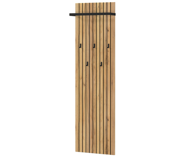 Ein Garderobenpaneel mit einer schwarzen Stange und Haken ist an einer Wand befestigt.