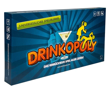 Nahaufnahme der Spielschachtel »Drinkopoly«.