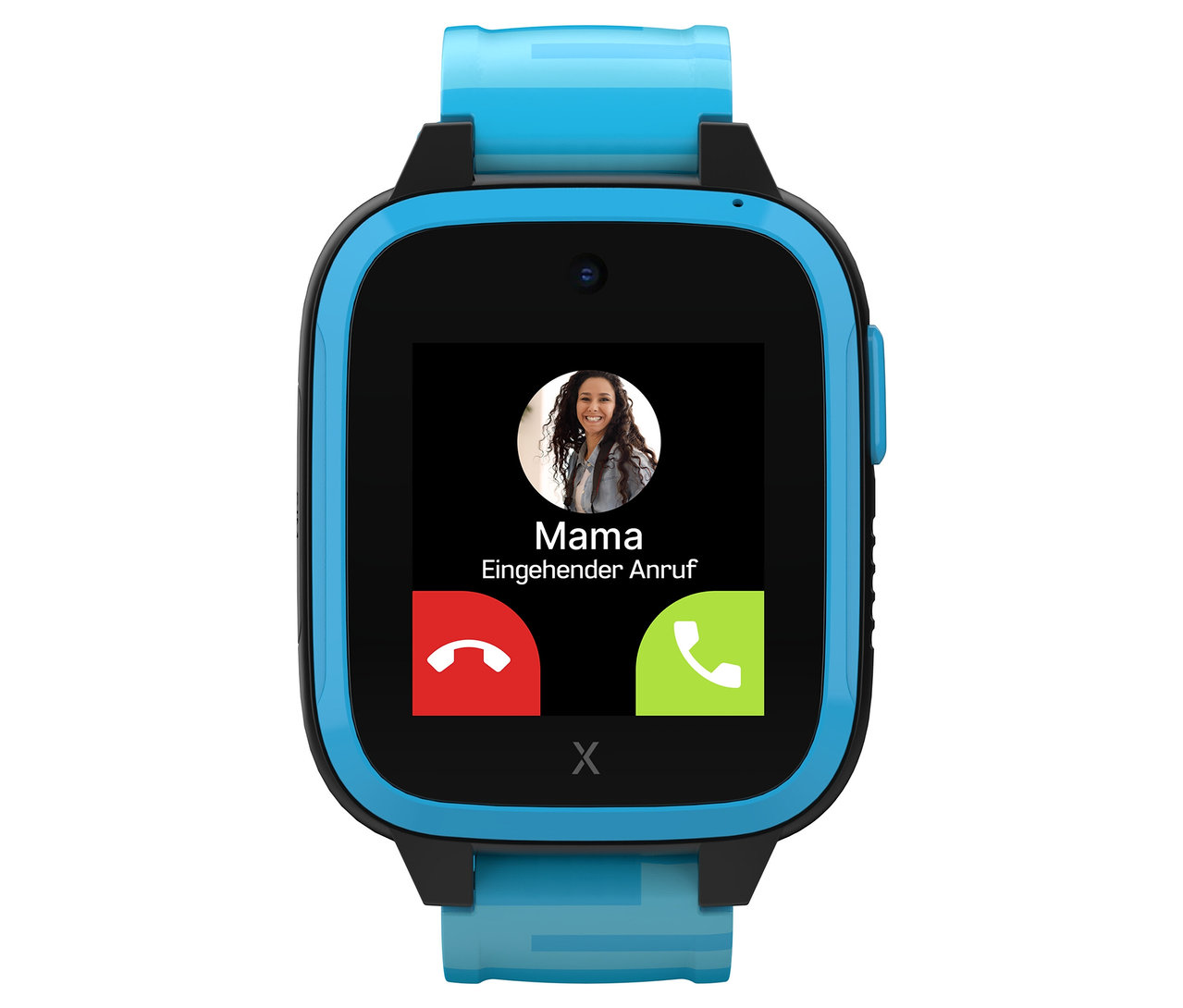 Nahaufnahme der blauen Kinderuhr Xplora XGO3 2nd Gen. mit eingehendem Anruf von Mama auf dem Display.