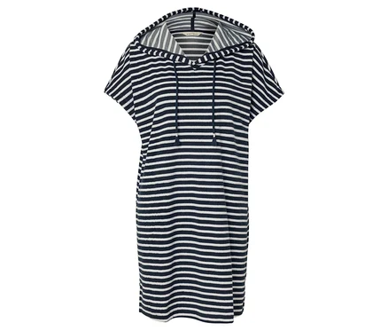 Gestreiftes, kurzärmeliges Kapuzenkleid in Marineblau und Weiß.
