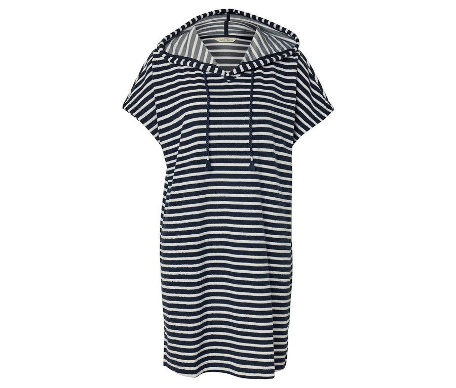 Gestreiftes, kurzärmeliges Kapuzenkleid in Marineblau und Weiß.