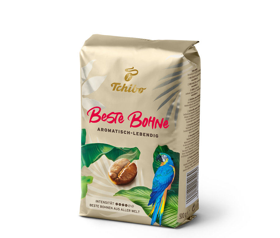 Eine Packung Beste Bohne Kaffee mit einer Abbildung einer Kaffeebohne und eines Papageis.