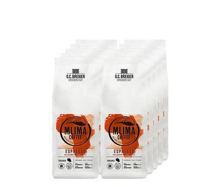 Mehrere Packungen MLIMA Coffee - Espresso - 10x 500 g Ganze Bohne sind abgebildet.