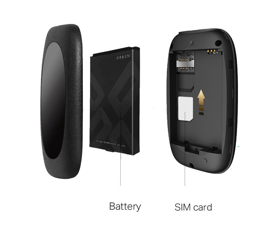 Schwarzes Gehäuse, Batterie und SIM-Kartenfach für TP-Link Router.
