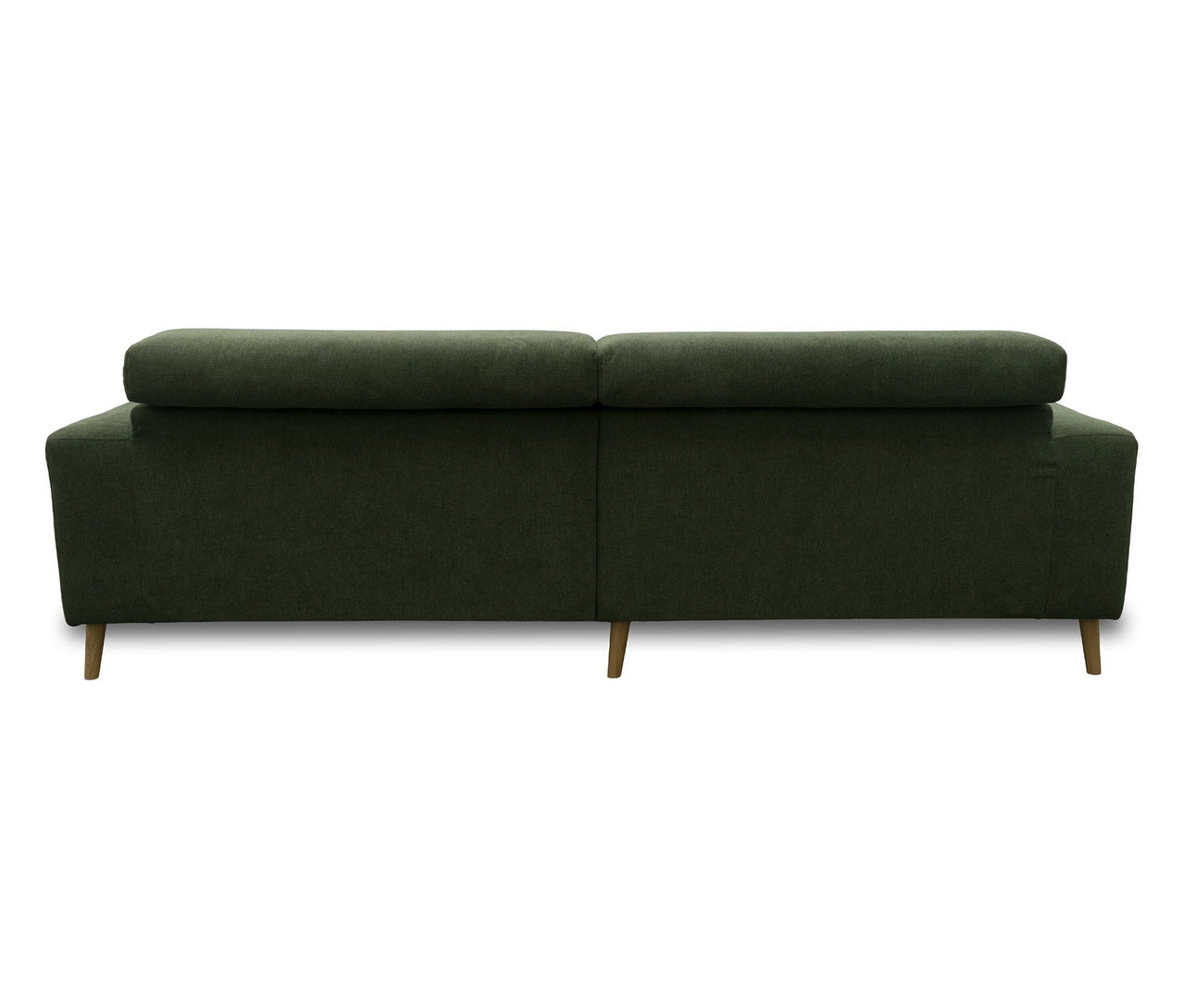 Rückansicht des grünen DOMO Sofas »Malmö« mit verstellbaren Kopfstützen und Holzfüßen.