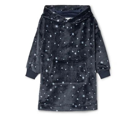 Dunkelblauer, flauschiger Hoodie-Decke mit Kapuze, weißem Sternenmuster und großer Kängurutasche.