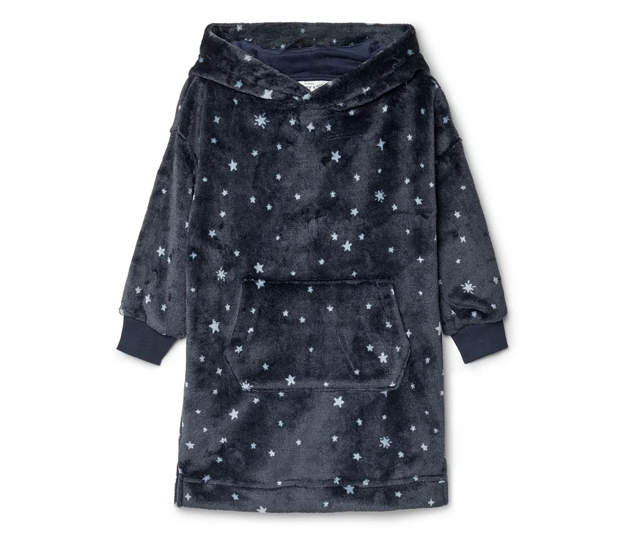 Dunkelblauer, flauschiger Hoodie-Decke mit Kapuze, weißem Sternenmuster und großer Kängurutasche.