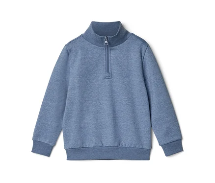 Ein blauer Kinder-Sweat-Troyer mit Stehkragen und Reißverschluss.