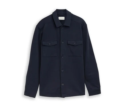 Dunkelblaue Tom Tailor Sweatshirt-Jacke mit Kragen, Knopfleiste und zwei Brusttaschen.