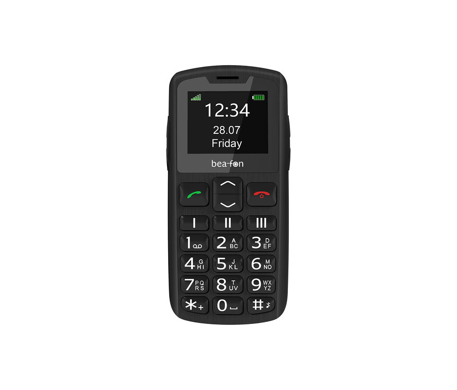 Schwarzes Mobiltelefon Bea-fon SL230 LTE mit Tasten und einem Bildschirm, der die Uhrzeit anzeigt.