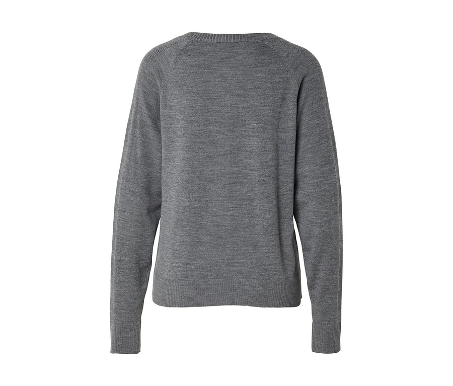 Grauer Pullover mit Rundhalsausschnitt und langen Raglanärmeln, Rückansicht.