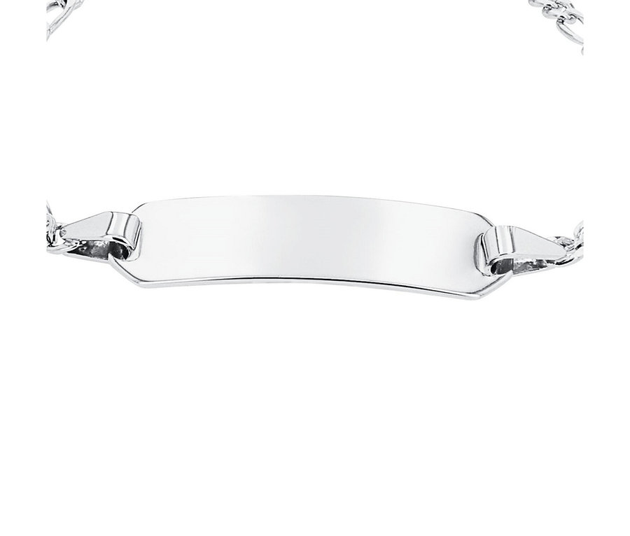 Silbernes Armband mit einer polierten, rechteckigen ID-Platte, die an einer Panzerkette befestigt ist.