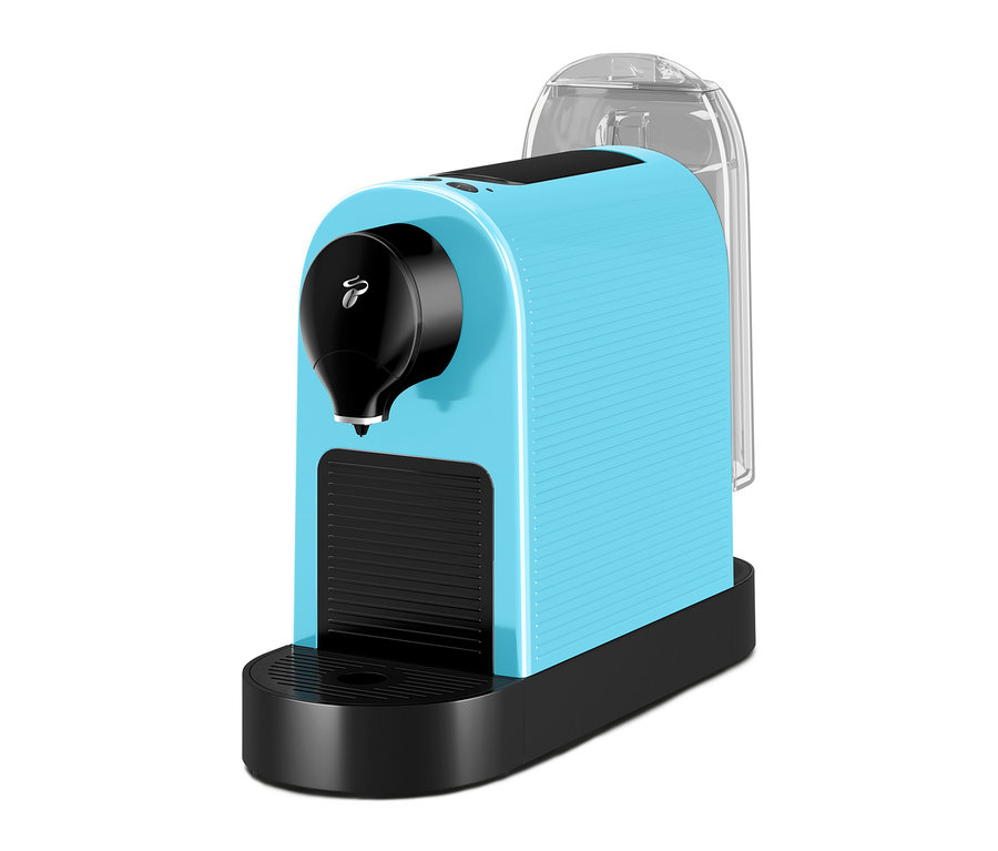 Hellblaue Kaffeekapselmaschine mit schwarzem Auslauf und transparentem Wassertank.