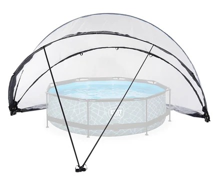 Runder Aufstellpool mit hellblauem Wasser, der teilweise von einer transparenten, gewölbten Abdeckung mit schwarzen Rändern und Stangen bedeckt ist.