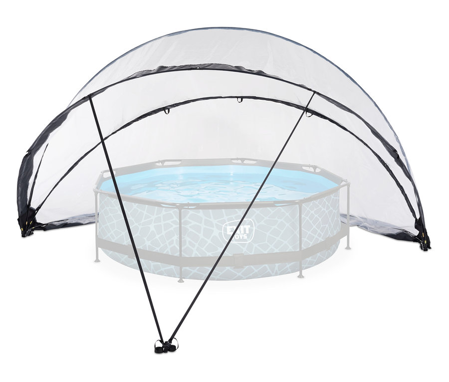 Runder Aufstellpool mit hellblauem Wasser, der teilweise von einer transparenten, gewölbten Abdeckung mit schwarzen Rändern und Stangen bedeckt ist.