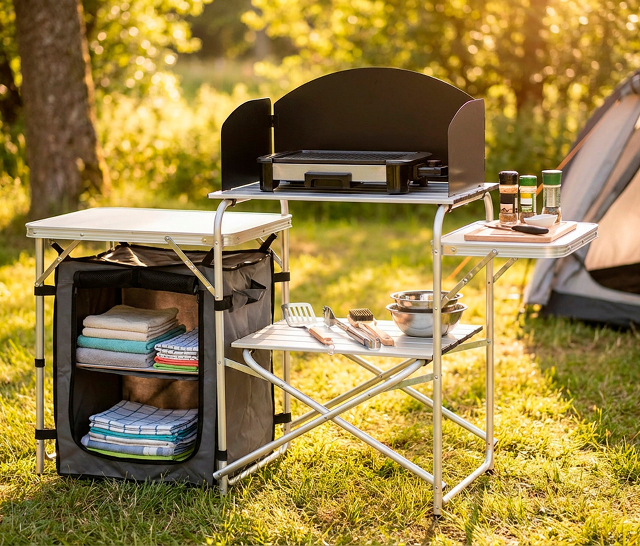 Faltbare Campingküche »Redwood S« mit Grill, Windschutz, Staufach und Ablagen für Kochutensilien im Freien.