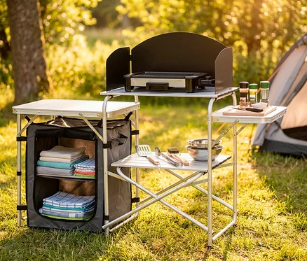 Faltbare Campingküche »Redwood S« mit Grill, Windschutz, Staufach und Ablagen für Kochutensilien im Freien.