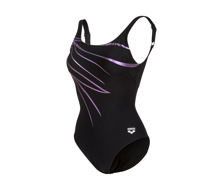 Schwarzer arena Shapewear Damen-Badeanzug Lili B-Cup mit lila Wellenlinien auf der linken Seite und verstellbaren Trägern.