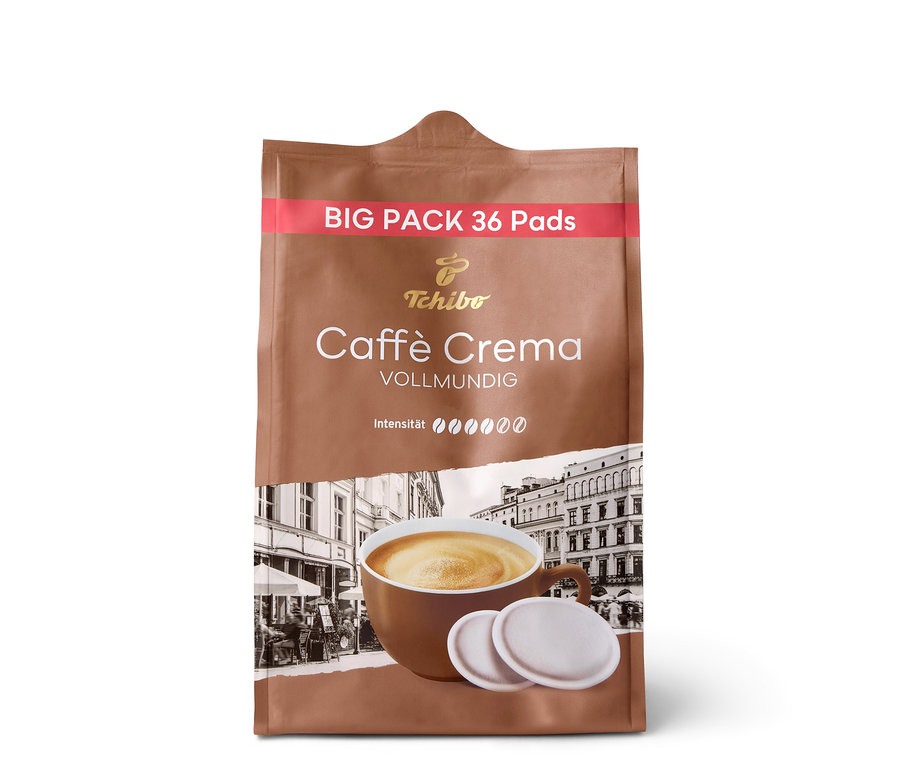 Braune Packung Caffè Crema Vollmundig - 36 Pads mit Abbildung einer Tasse Kaffee.