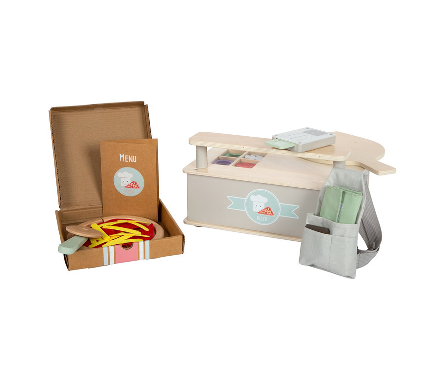 Spielzeug-Pizzastand aus Holz mit Box und Zubehör.